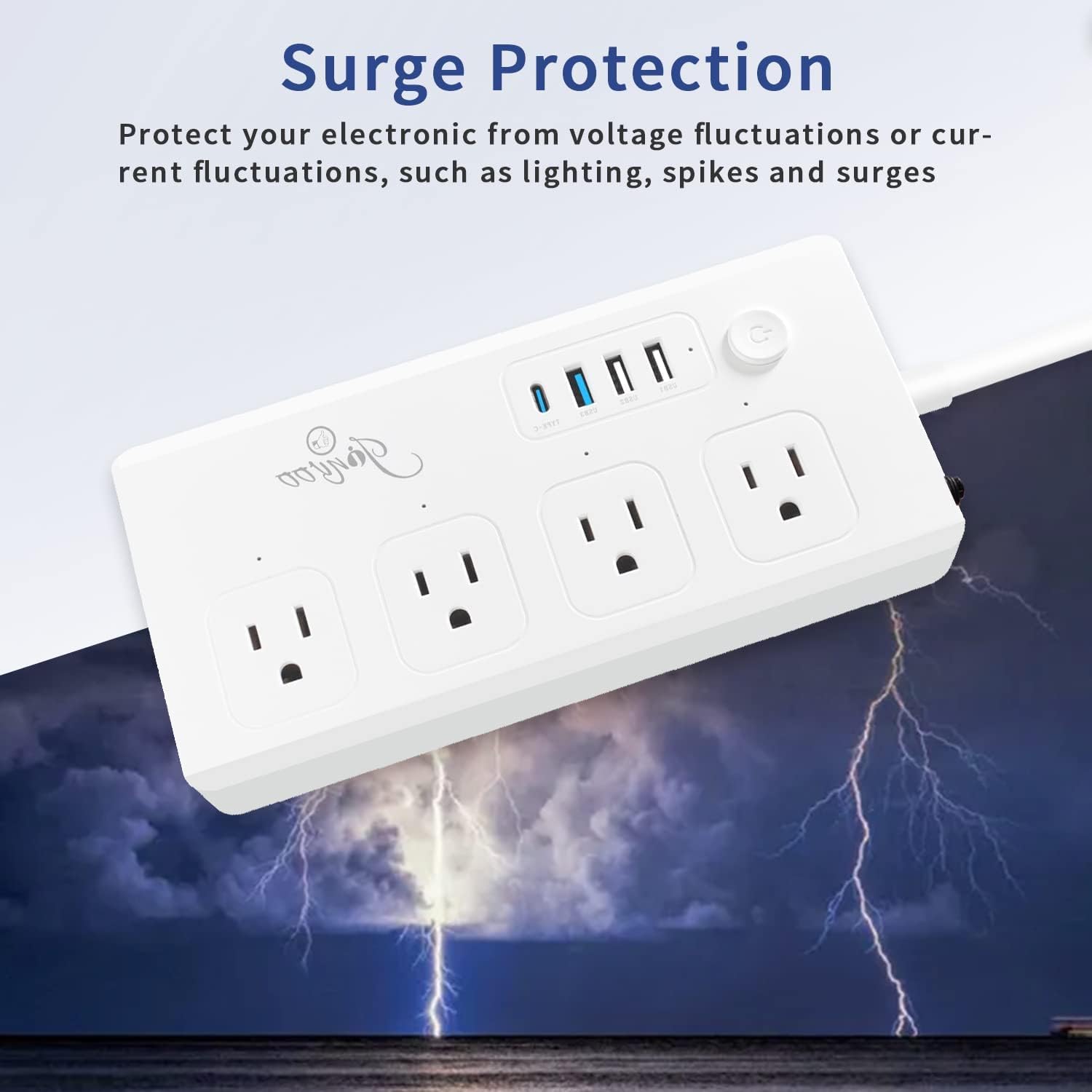 Regleta de protección contra sobretensiones, 4 salidas de CA, 1 USB C 1 tipo C 2 USB 40 W 1250J con puerto de entrega PD de 5 pies de largo, cable