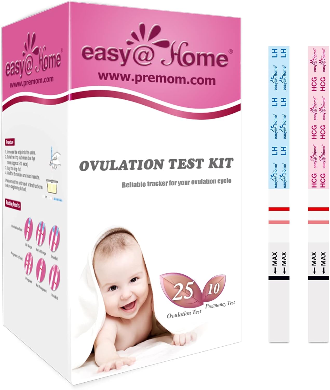 EasyHome – Kit de tiras de prueba de embarazo y ovulación 25 tiras de prueba de ovulación y 10 tiras de prueba de embarazo, seguimiento preciso de
