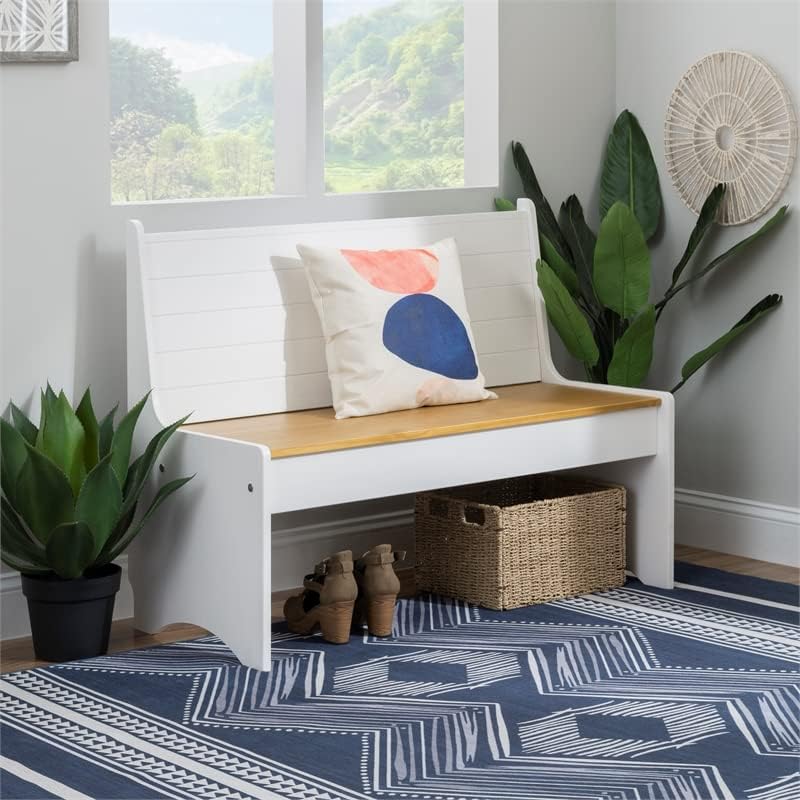 Linon Delk – Banco grande de madera con respaldo de 2 tonos, color miel y blanco