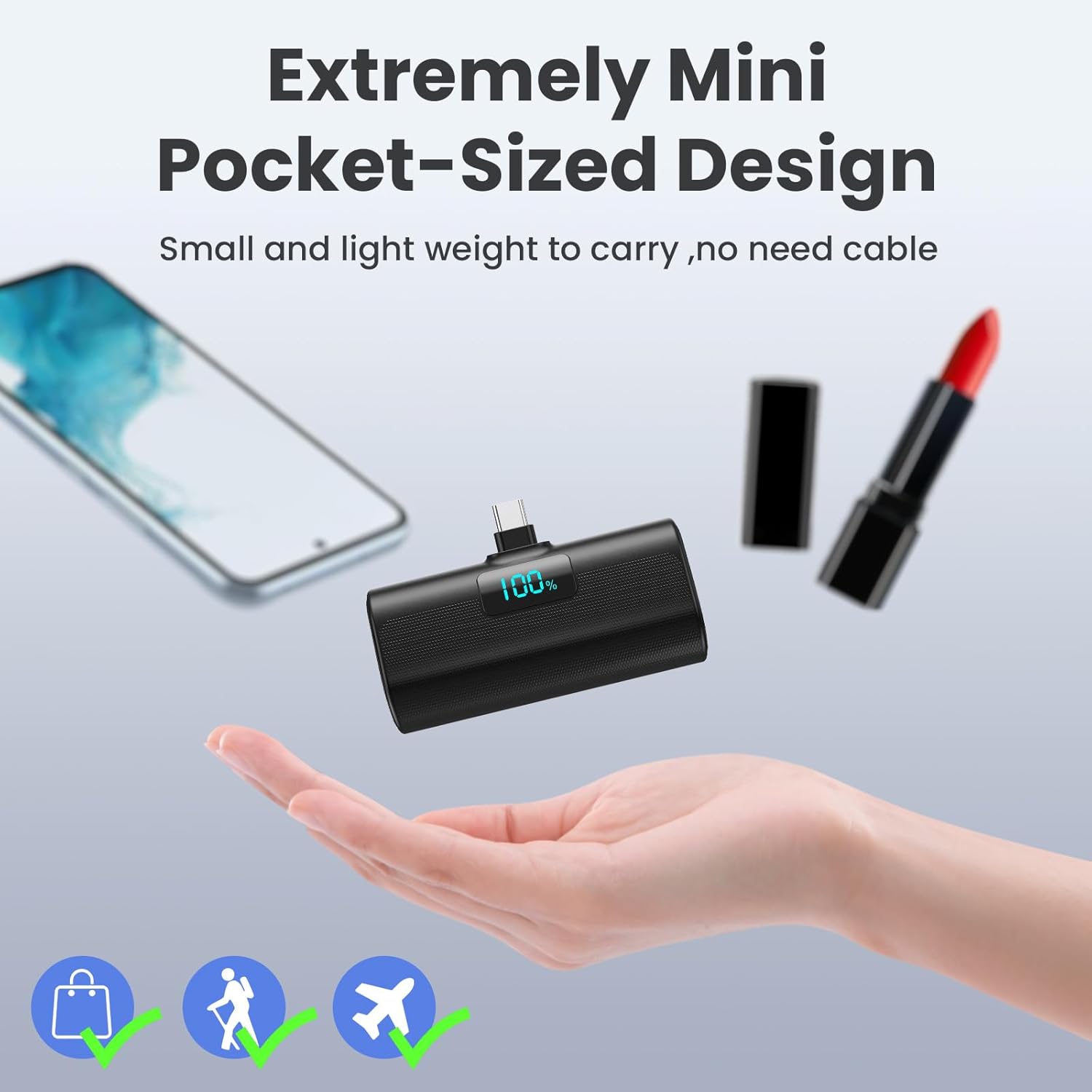 Paquete de 2 Cargador portátil pequeño de 5200 mAh, banco de energía PD USB C actualizado con conector USB-C integrado, pantalla LCD, batería