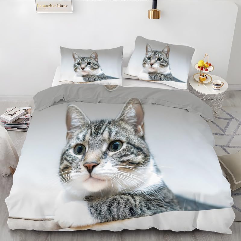 Gray Kitten Duvet Cover Full Animal Print Bedding Sets Full Soft Microfiber Comforter Cover and 2 Pillow Shams 20″X26″, Bed Set Duvet Covers with