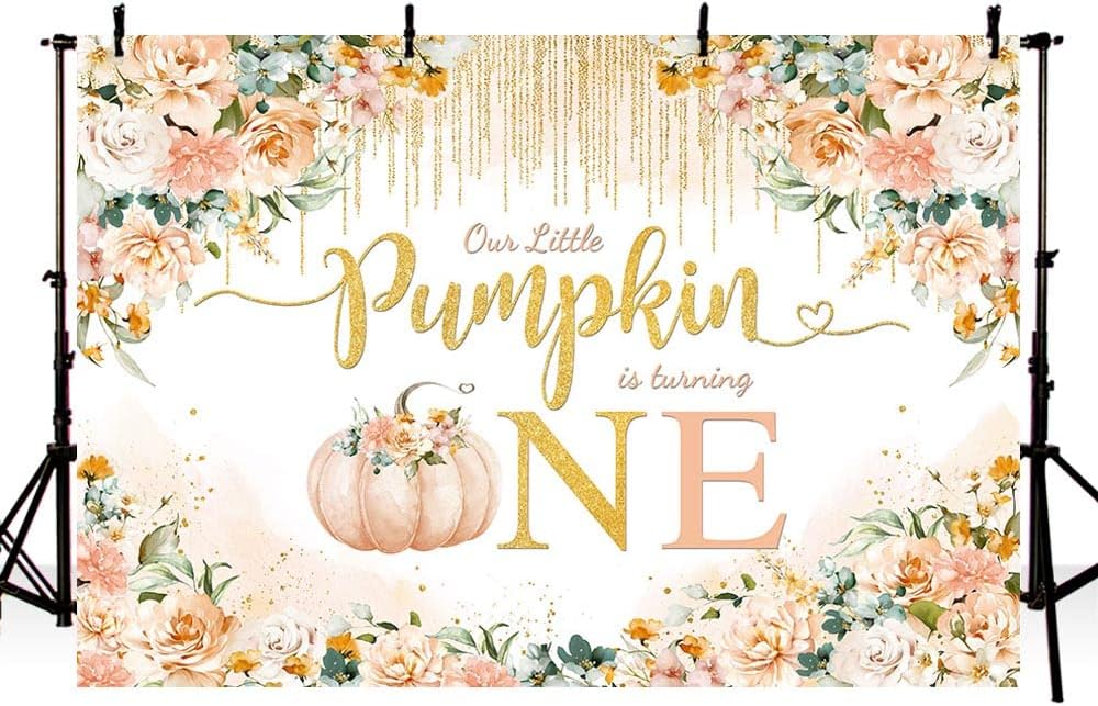 Telón de fondo de calabaza para primer cumpleaños de niñas de 7 x 5 pies para otoño, otoño, naranja, calabaza, floral, primer cumpleaños,