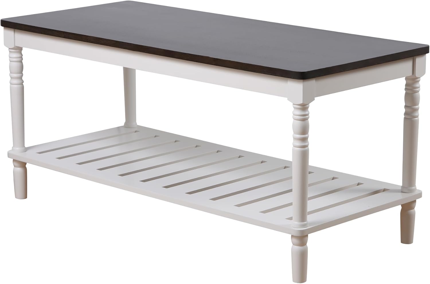 Mesa de centro de granja, madera maciza + MDF rústica, vintage, mesas de sala de estar con estante, marrón y blanco, 43 pulgadas