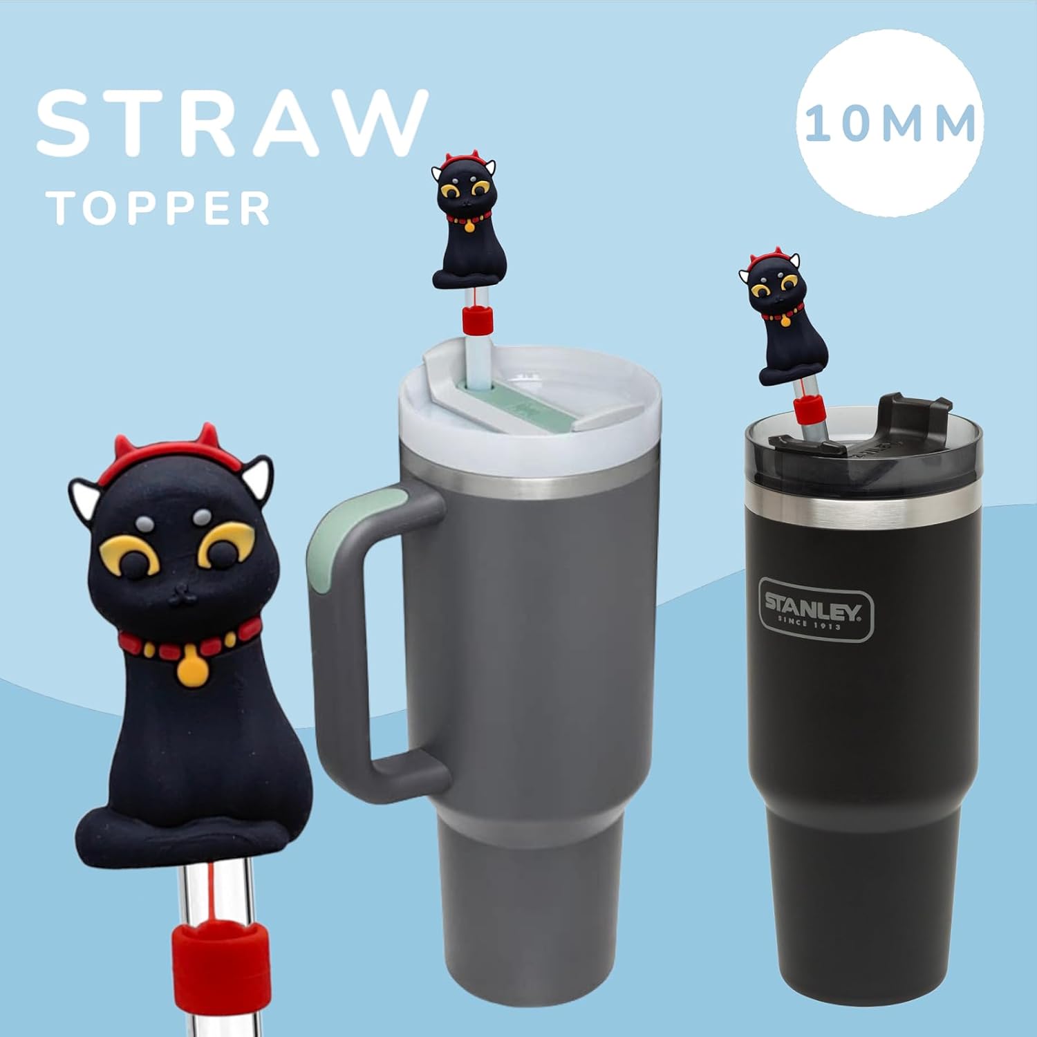 3 fundas para pajitas de 0.315 in y 0.394 in, lindo adorno de paja de gato para vasos Stanley, puntas de popote de silicona de búho para popotes de