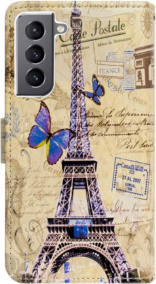 Bcov Funda tipo cartera para Samsung Galaxy S22, Postal de la Torre Eiffel, funda de cuero multifunción para teléfono con múltiples ranuras para
