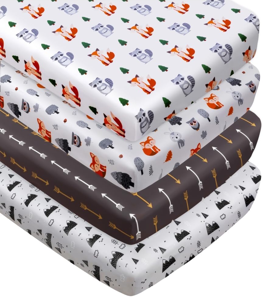 Juego de 4 sábanas ajustables unisex para cuna de bebé, diseño de animales del bosque del bosque, de madera, neutro, para bebés, niños o niñas, zorro