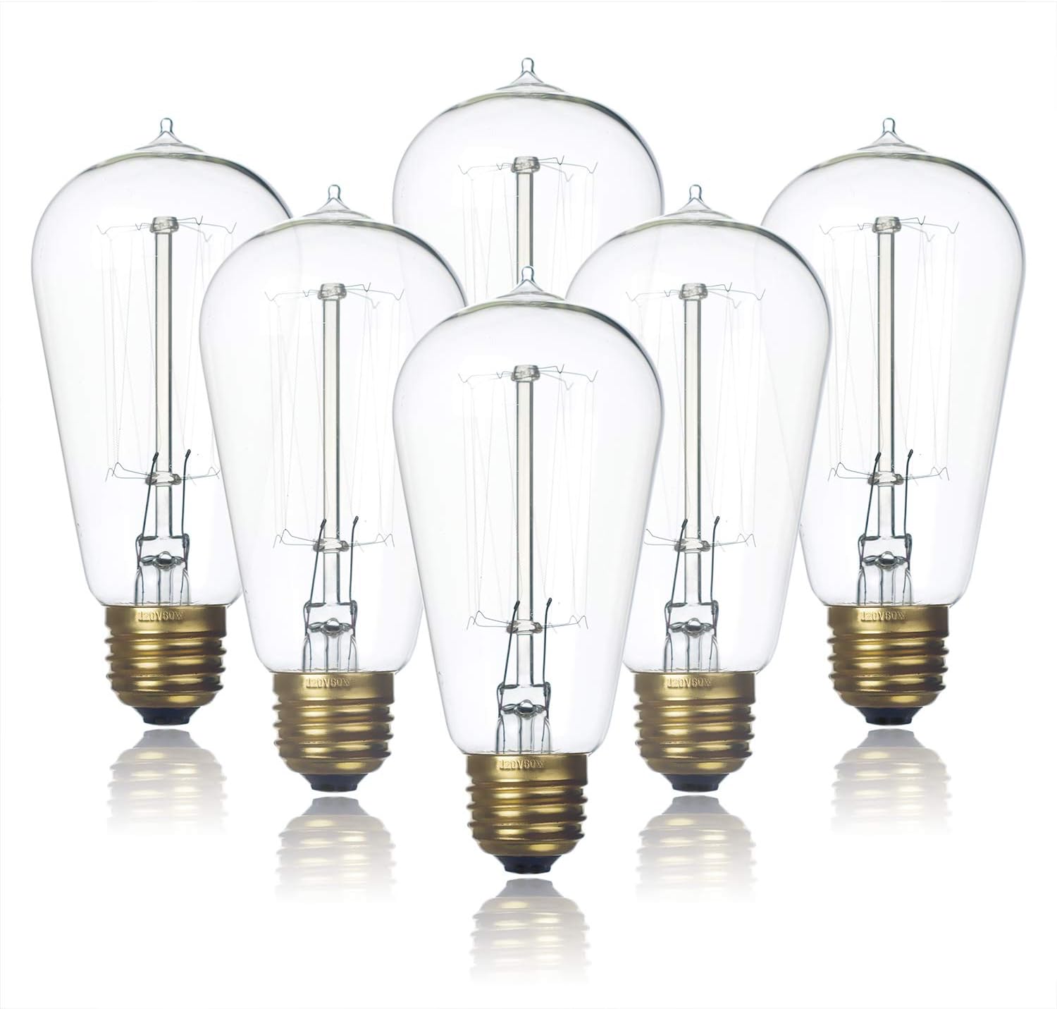 Jslinter Paquete de 6 bombillas Edison, luz incandescente blanca cálida de 2200 K, luz incandescente antigua de 60 W, regulable ST58, luz de estilo