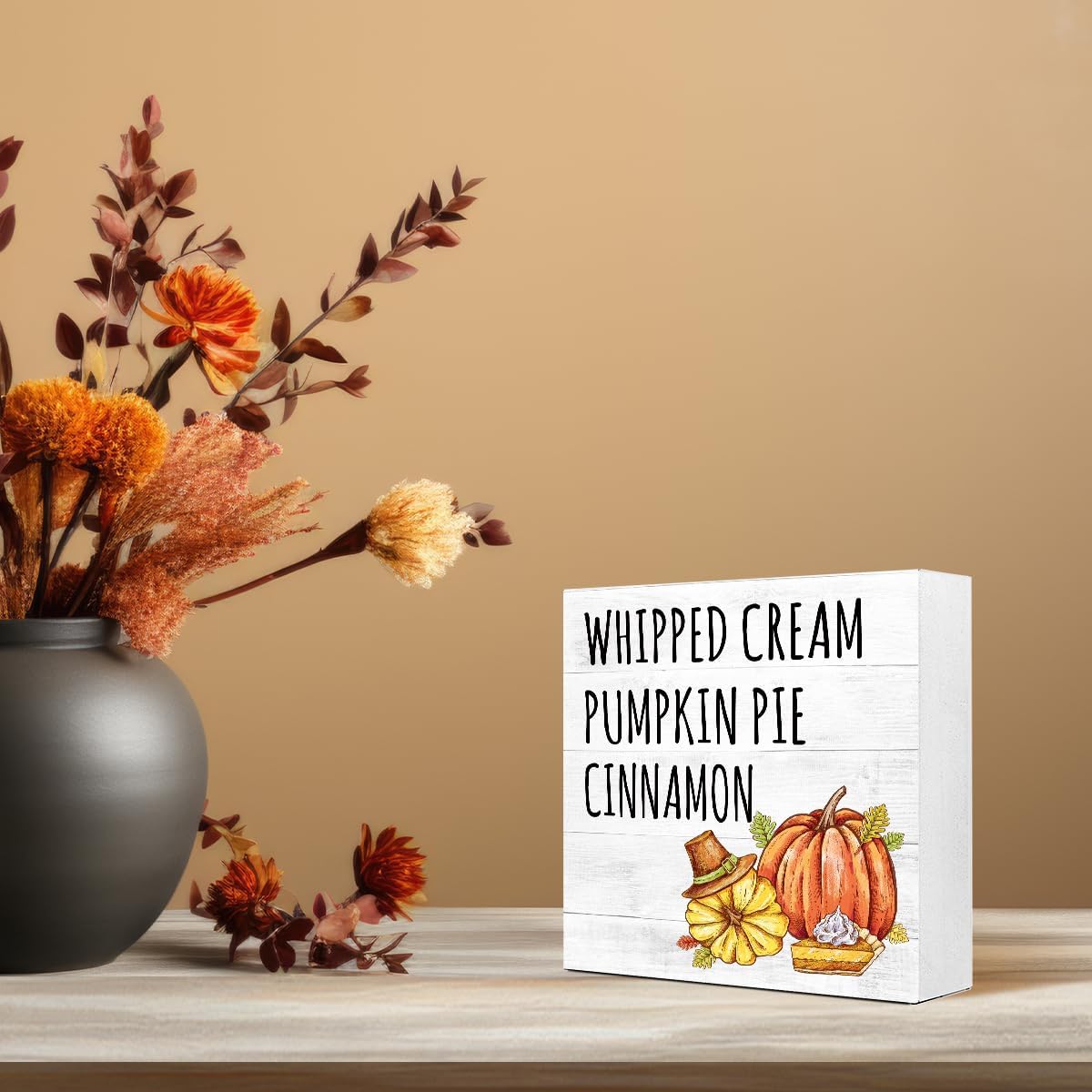 Decoración de escritorio de otoño, letrero de madera de canela, pastel de calabaza batida, crema batida, letreros de madera de calabaza de otoño,