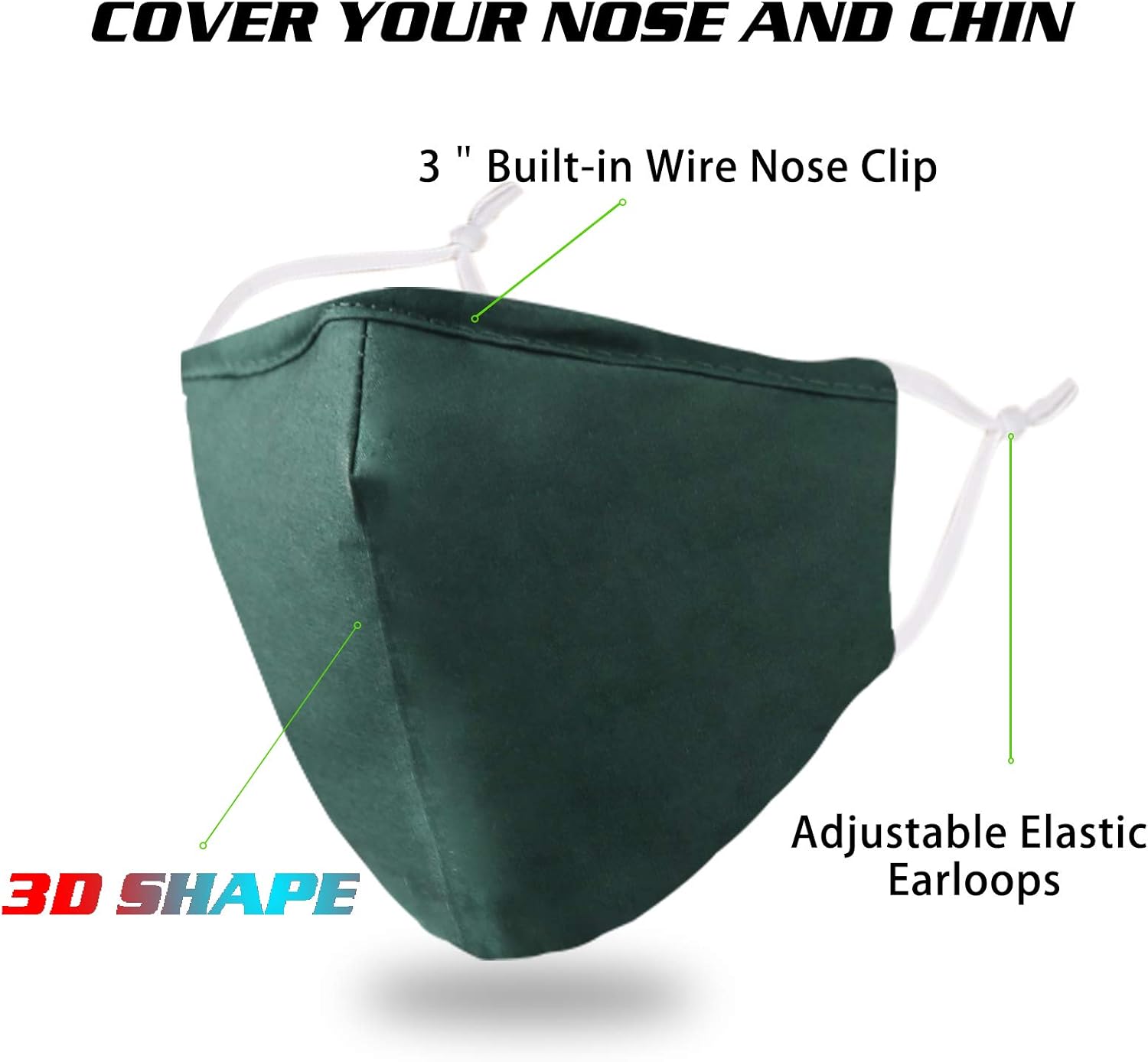 Máscara facial de algodón, con alambre para la nariz, forma 3D, cinta elástica para las orejas, lavable y reutilizable, 4 unidades, Verde, Talla