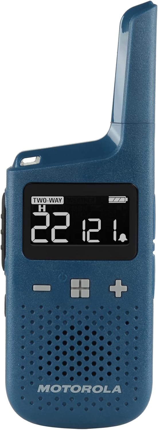 T383 – Radio de 2 vías azul de 25 millas con base de carga y auriculares de vigilancia Motorola 1518 con micrófono PTT, negro, blanco