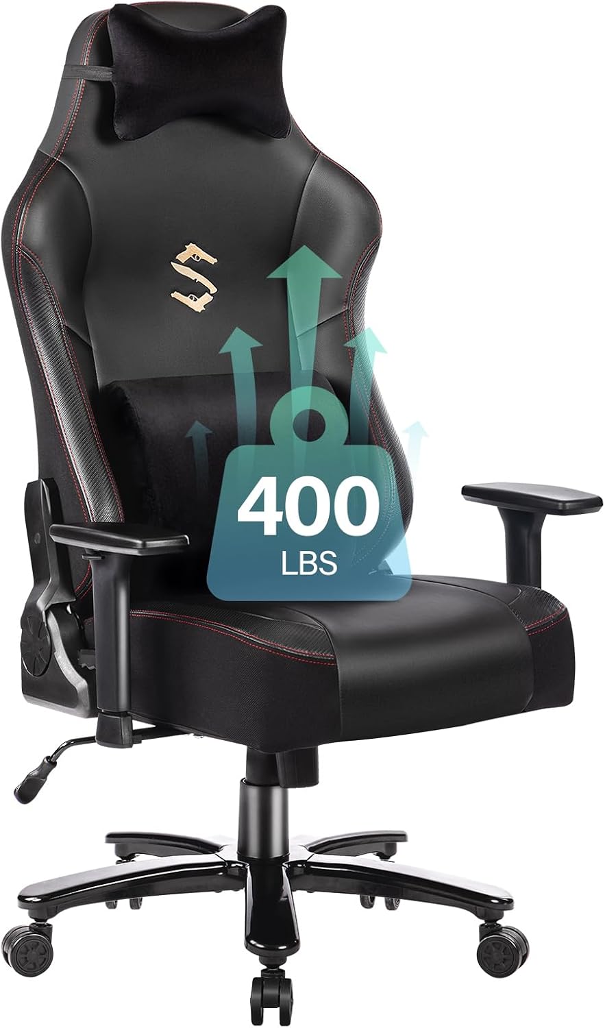 Fantasylab Silla de juegos grande y alta de 400 libras con almohada lumbar de masaje, reposacabezas, reposabrazos 3D, base de metal, piel sintética