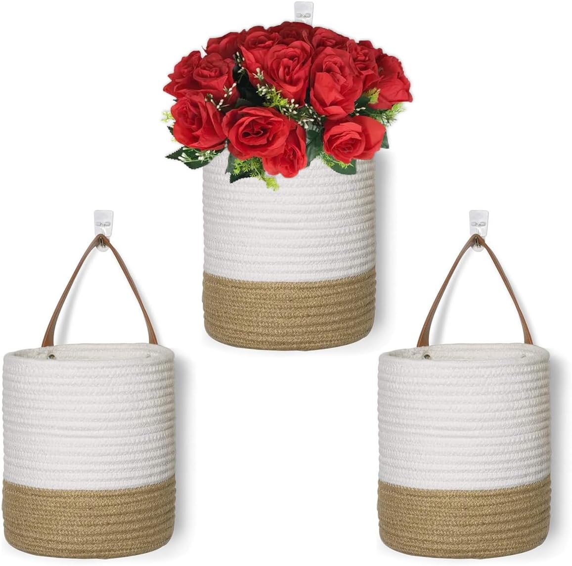VMS – Paquete de 3 cestas colgantes de cuerda de yute para colgar en la pared para organizar, cesta colgante de pared, cesta de almacenamiento