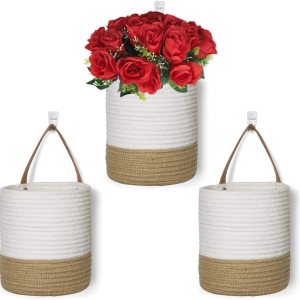 VMS – Paquete de 3 cestas colgantes de cuerda de yute para colgar en la pared para organizar, cesta colgante de pared, cesta de almacenamiento VMS – Paquete de 3 cestas colgantes de cuerda de yute para colgar en la pared para organizar, cesta colgante de pared, cesta de almacenamiento
