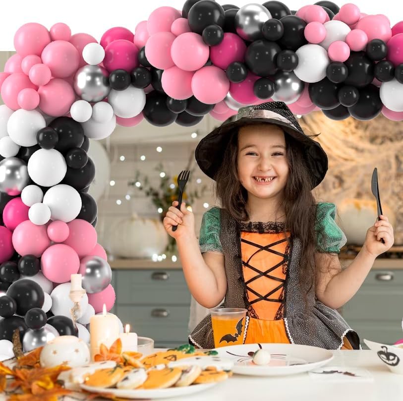 Decoración de fiesta de Halloween rosa, kit de arco de globos de Halloween con globos negros, rosa, blanco y plateado, guirnalda de globos de