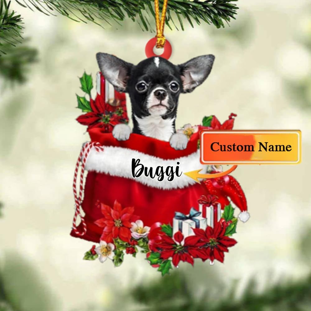Chihuahua personalizado 4 perros en bolsa de regalo, adorno de Navidad, nombre personalizado, regalo para amantes de los perros, familia, Navidad,