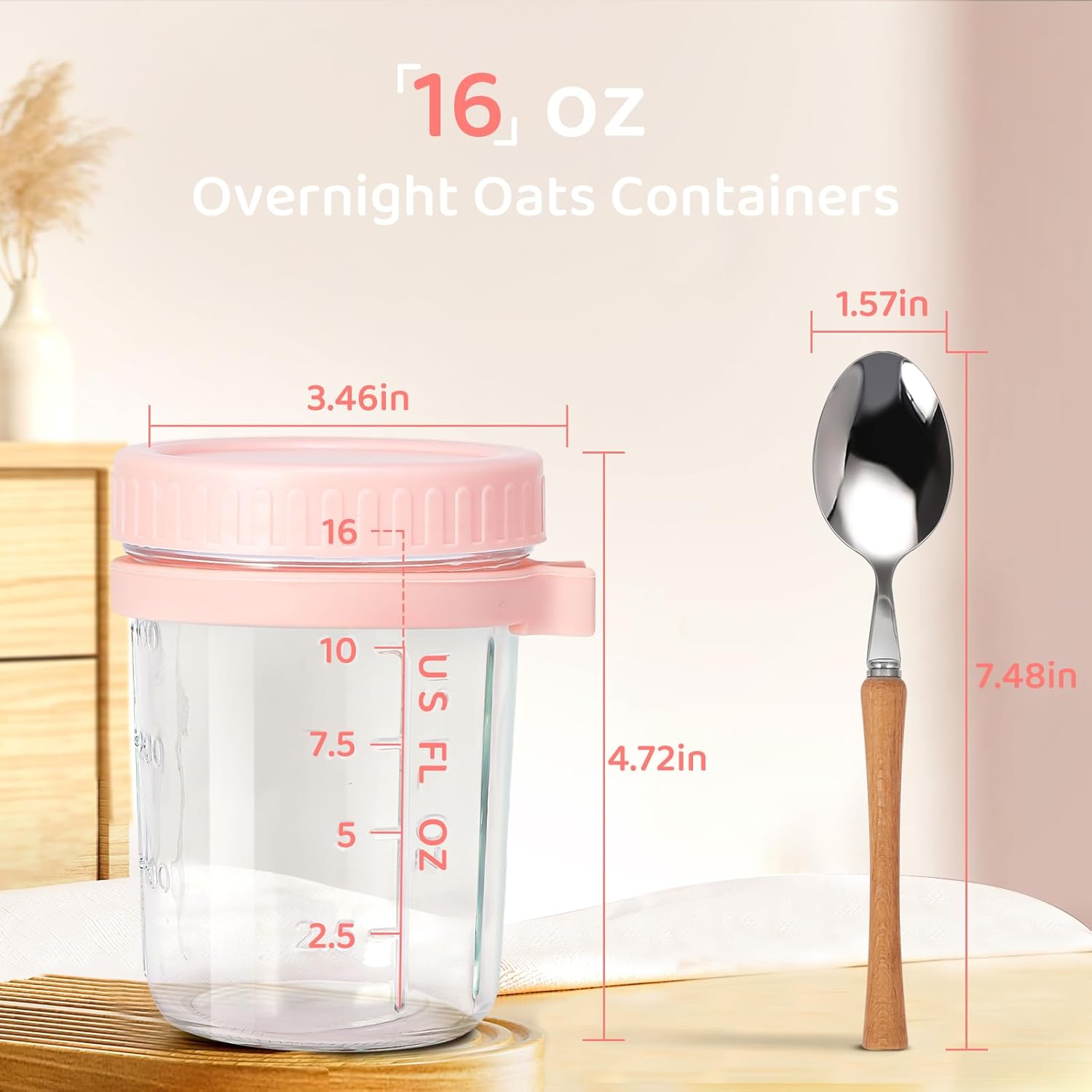 Recipientes de vidrio para avena durante la noche con tapas y cuchara, tarros Mason de boca ancha de 16 onzas para avena nocturna, cereales, yogur,