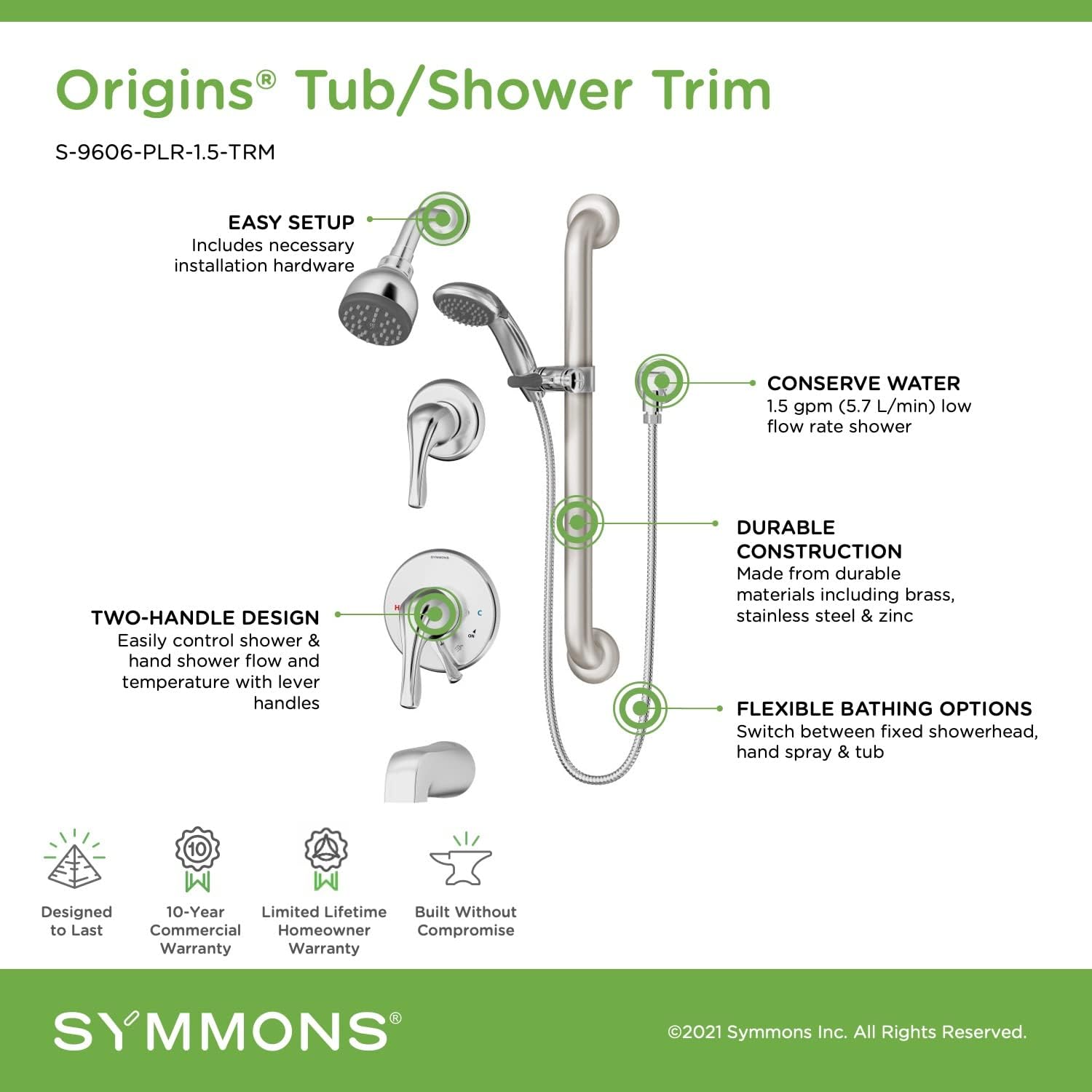 Symmons S-9606-PLR-1.5-TRM Origins – Bañera de 2 manijas y 1 regadera con 1 rociador de ducha de mano en cromo pulido (válvulas no incluidas)