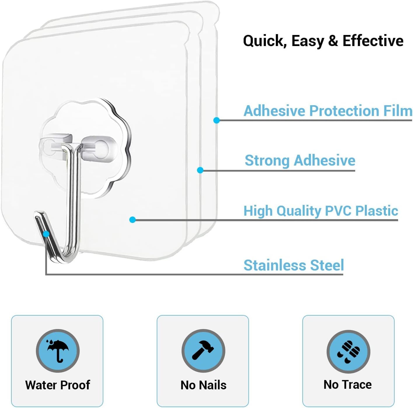 OutWest Ganchos de pared de 13 libras (máx.), gancho autoadhesivo transparente, resistente, impermeable, gancho de pared adhesivo para uso en baño,