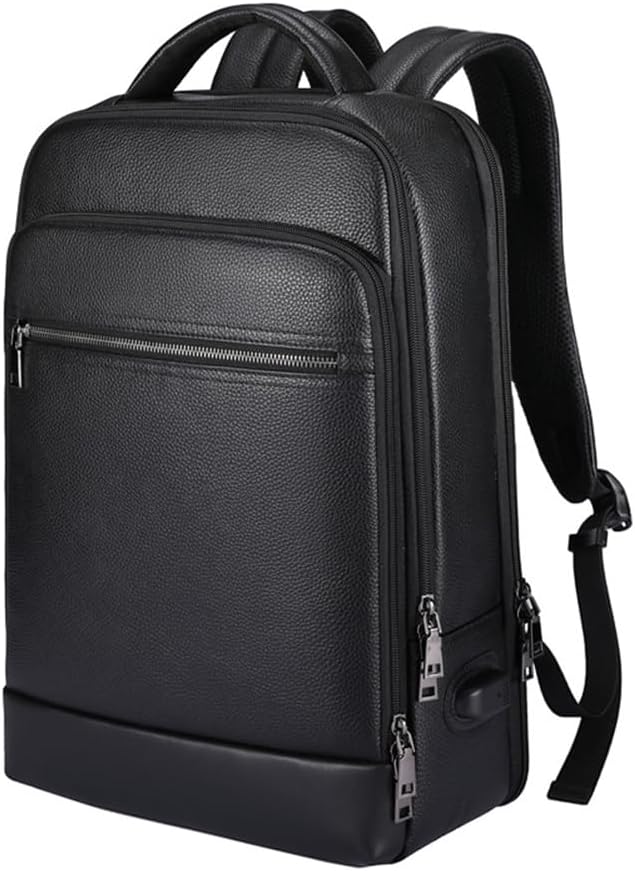 Genuine Leather 15.6 Inch Laptop Backpack for Men & Women, Black Business Travel Backpack, Hiking Rucksack Daypack