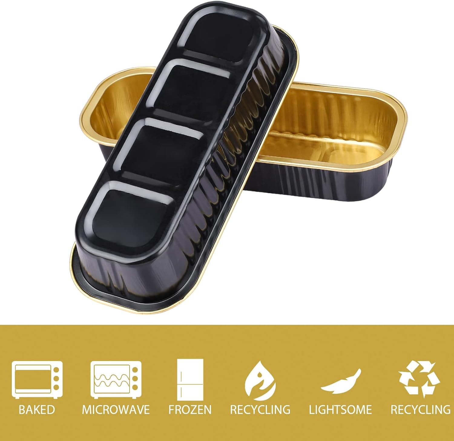 EUSOAR Tazas para hornear con tapas, 50 piezas de 6.8 onzas, 6.5 x 2.5 x 1.2 pulgadas, papel de aluminio desechable negro y dorado, moldes para