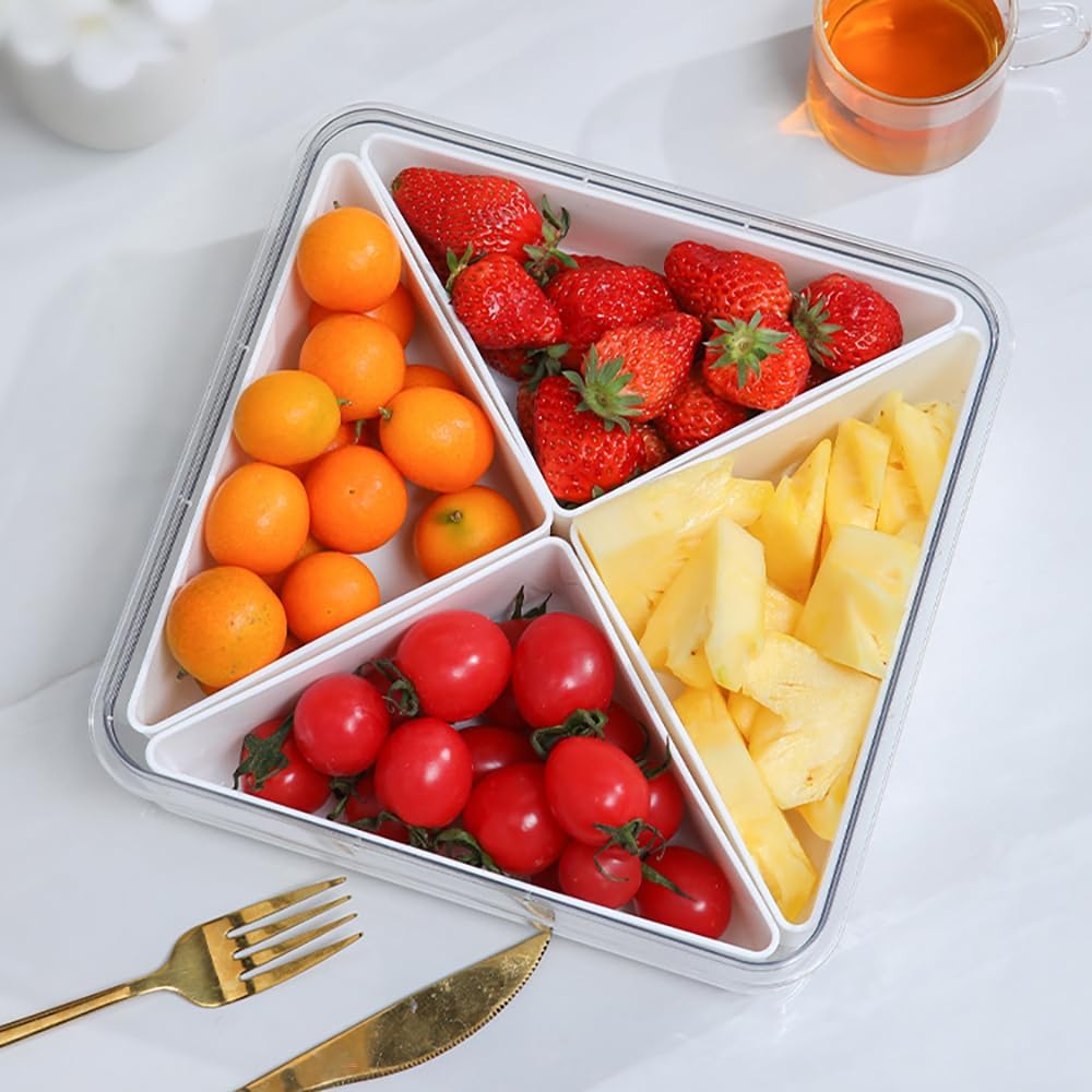 Paquete de 2 bandejas de verduras con tapa para organizador de refrigerador, contenedor dividido para aperitivos con 4 compartimentos para servir