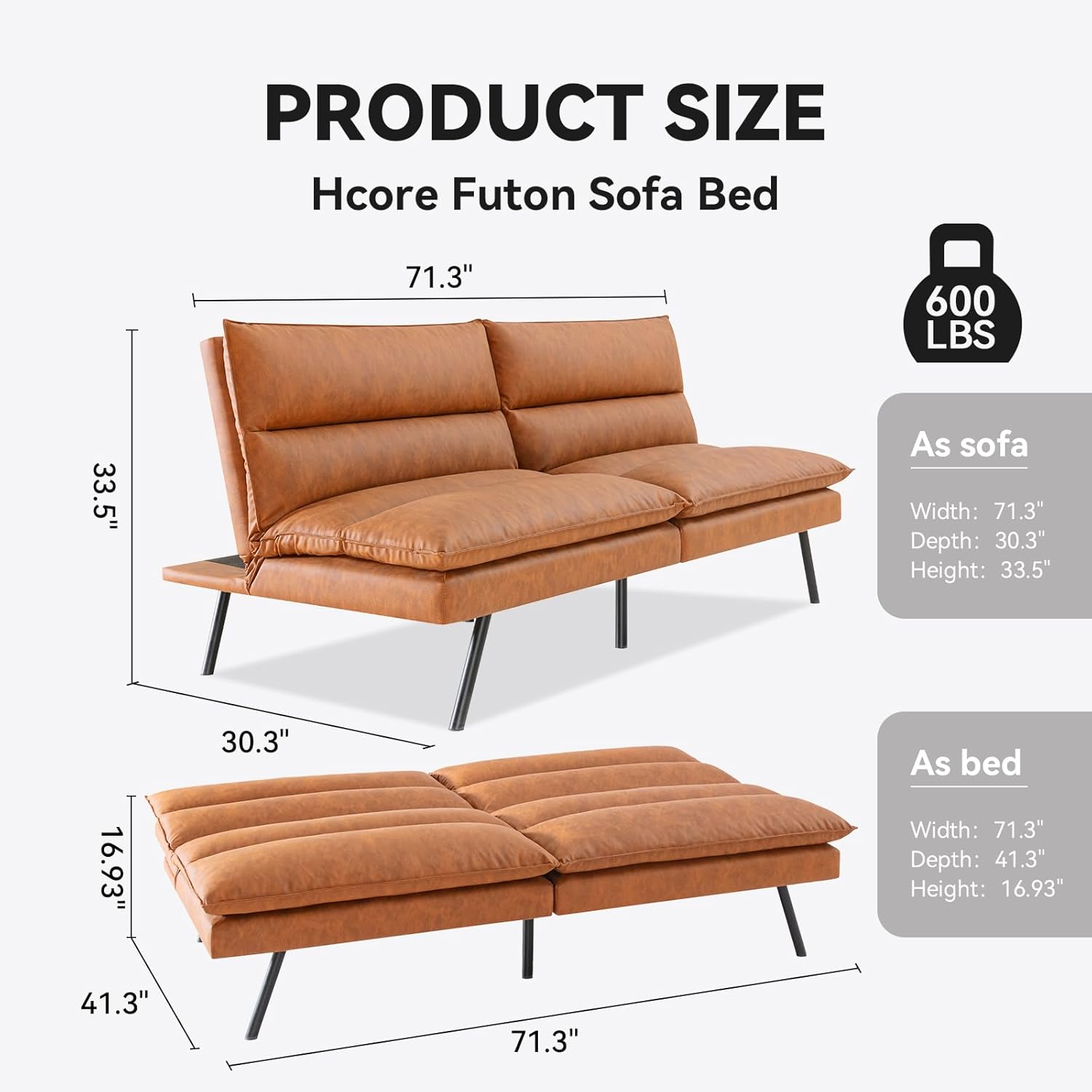Sofá cama tipo futón convertible, sofá biplaza de espuma viscoelástica de piel sintética marrón, pequeño sofá europeo para espacios de vida