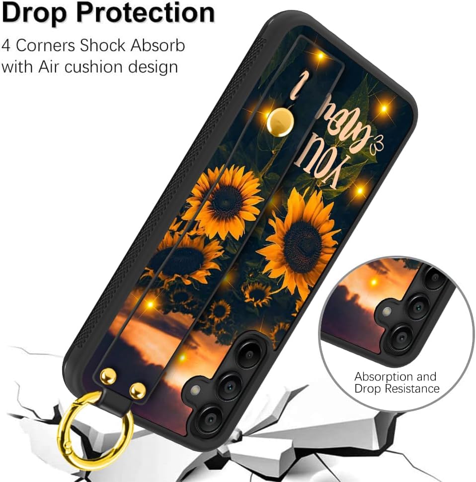 LSL Compatible con Samsung Galaxy A15 5G Shine Girasoles Funda con correa de muñeca con soporte para mujeres y niñas, textura de neumático TPU