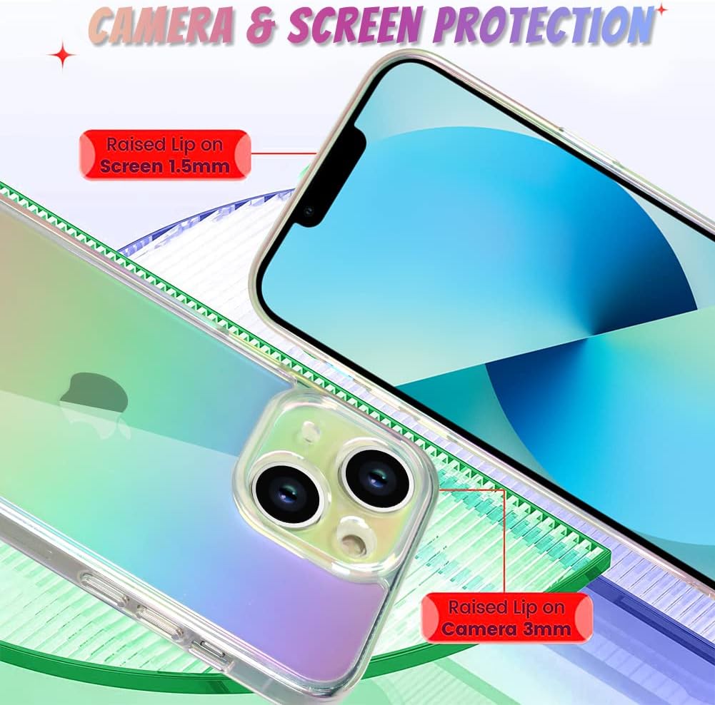 Bonoma Funda compatible con iPhone 13 con cristales iridiscentes fluorescentes brillantes de lujo, protector de cámara + 2 protectores de pantalla a