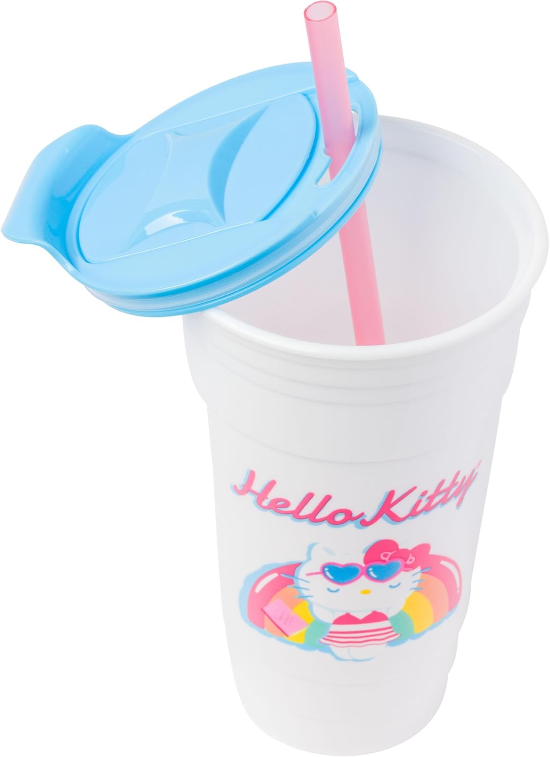 Silver Buffalo Sanrio Hello Kitty Summer Rainbow Floatie – Vaso de plástico con tapa y pajita, 32 onzas