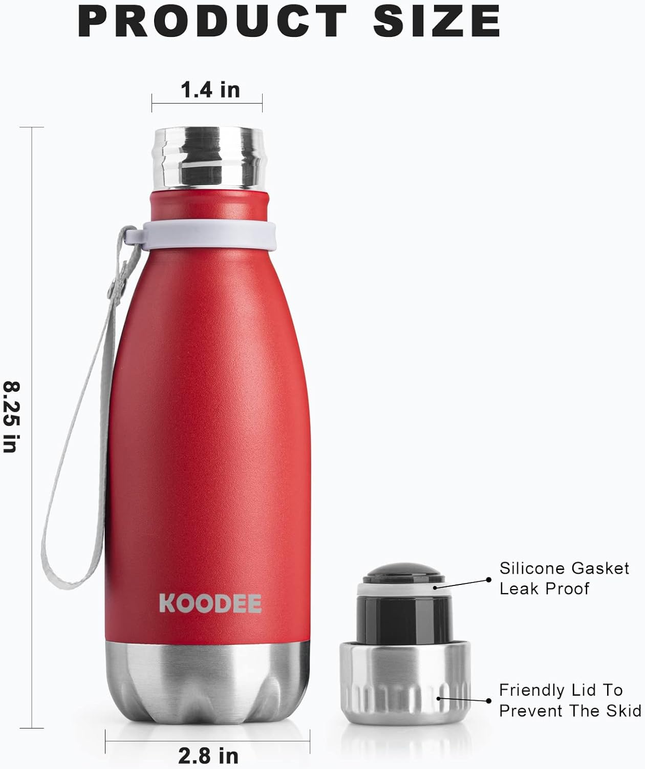 koodee Botella de agua de acero inoxidable de 12 onzas con aislamiento al vacío, con forma de cola, a prueba de fugas, botellas de agua de metal