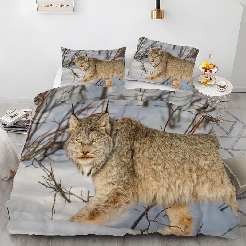 Juego de funda de edredón con estampado de lince gris, funda de edredón de microfibra suave y 2 fundas de almohada de 20 x 26 pulgadas, juego de