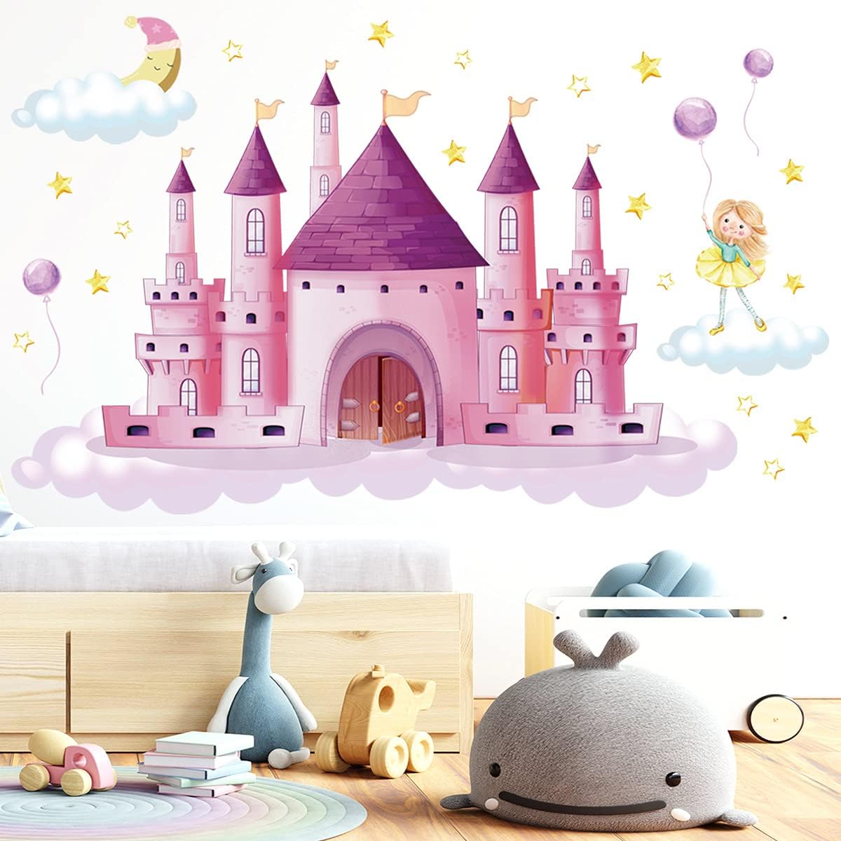 Rainbow Cloud Fairy Tale Princess Castle Wall Stickers for Kids Room Home Decor Girls Princess Bedroom Art Decorative Stickers (CB0002)