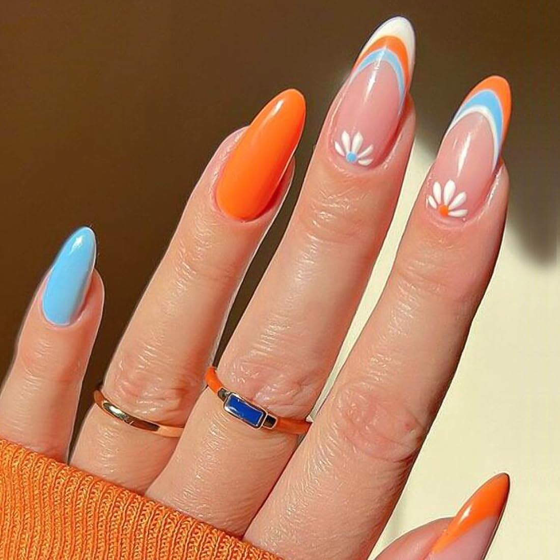 Uñas postizas a presión medianas, uñas postizas de almendra con diseños de remolinos arcoíris, uñas postizas acrílicas con pegamento para mujeres,