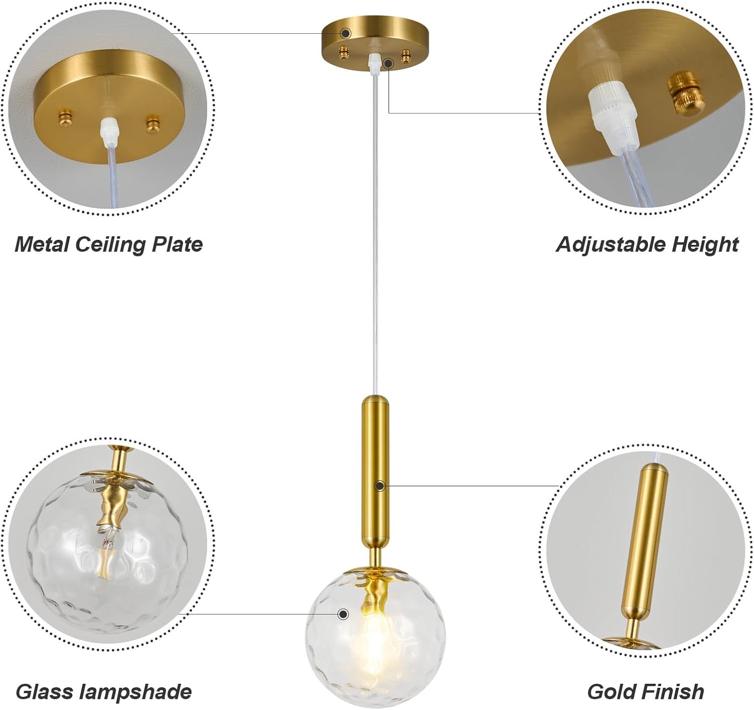 Lámpara colgante moderna dorada para isla de cocina de mediados de siglo con globo colgante de cristal transparente para sala de estar, dormitorio,