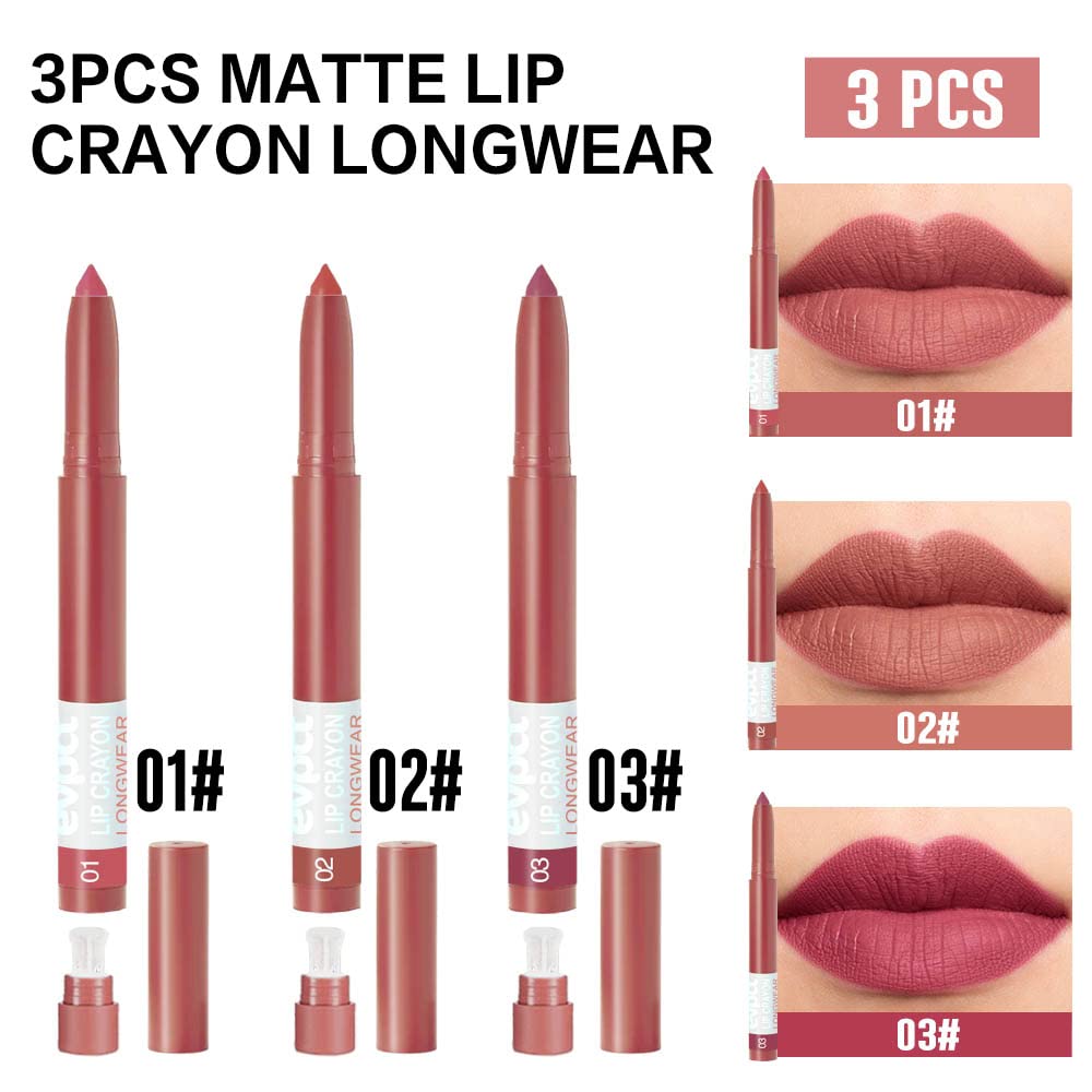 BINGBRUSH Juego de lápices labiales de 3 colores mate de larga duración, delineador de labios suave con sacapuntas incorporado, lo último para