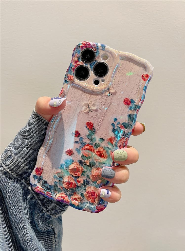 EYZUTAK Funda para iPhone 12 Pro Max, colorida pintura al óleo retro impresa flor patrón brillante láser lindo borde ondulado rizado exquisita