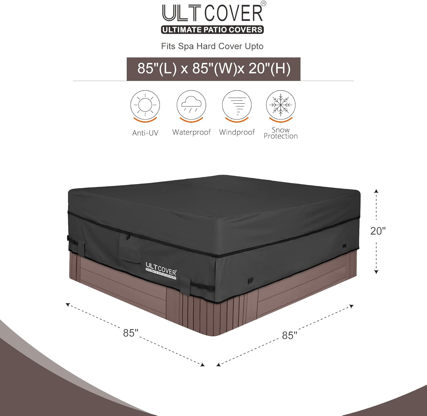 Ultcover Cubierta cuadrada de poliéster 600D, impermeable, para bañera de hidromasaje de exterior, 85 x 85 pulgadas, negra