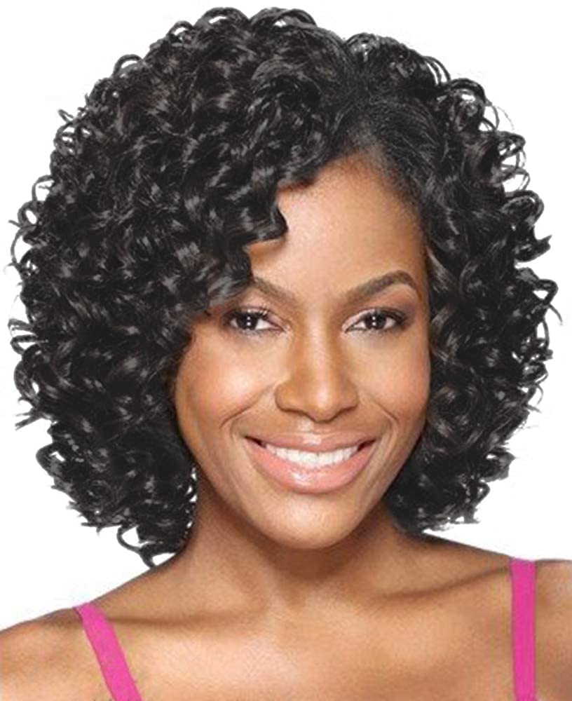 XIUFAXIRUSI XIUFAXIRUSI Pelucas negras cortas y rizadas para mujeres negras, peluca afro rizada con flequillo lateral, peluca de pelo completo
