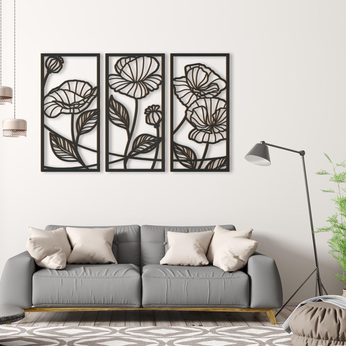 BINCUE Línea de arte de pared de madera minimalista negra, escultura moderna, decoración de pared de madera hueca 3D, 3 paneles, 16 x 32 pulgadas