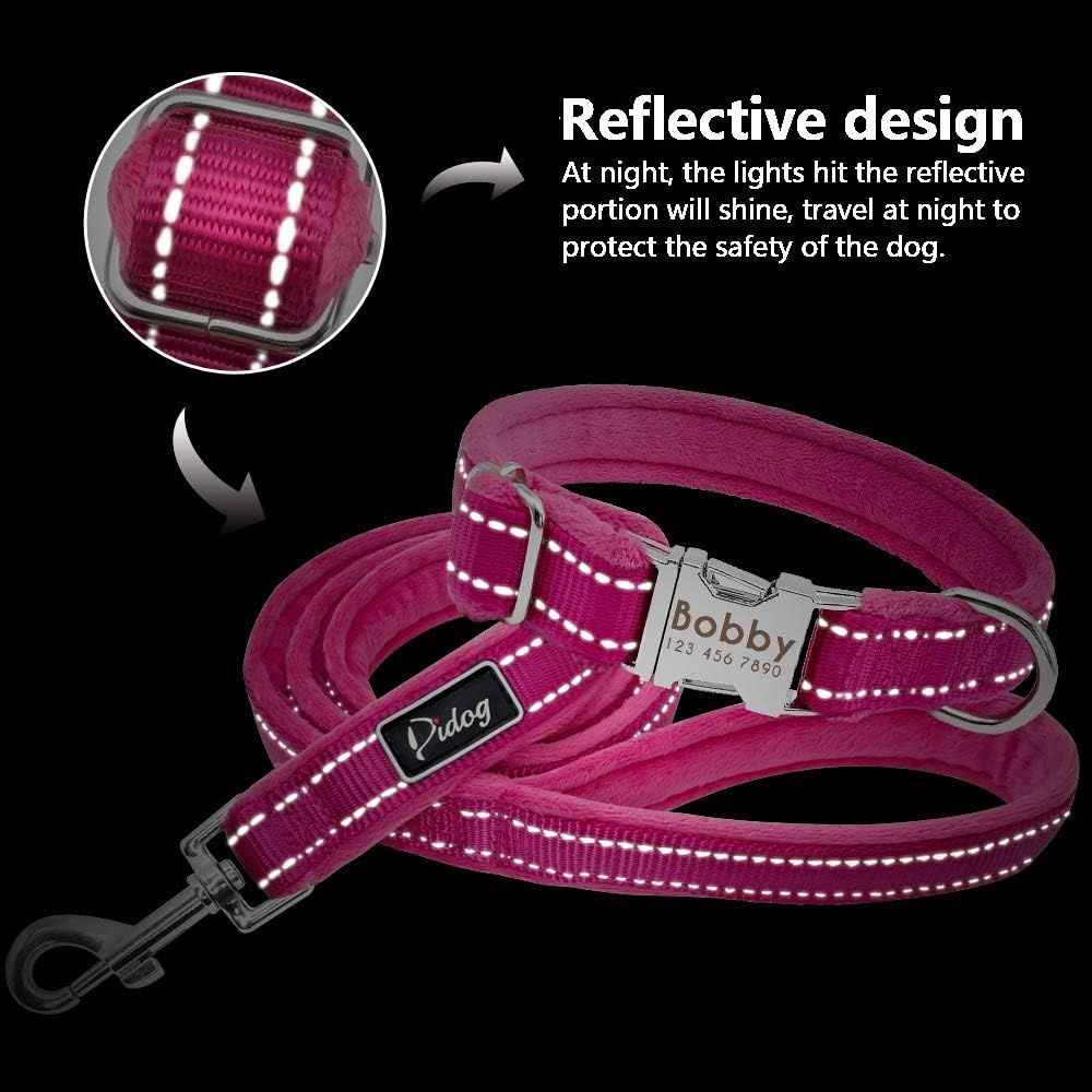 Didog Juego de collar y correa para perro personalizado y suave con relleno de franela, collar reflectante grabado con correas de 4 pies para perros