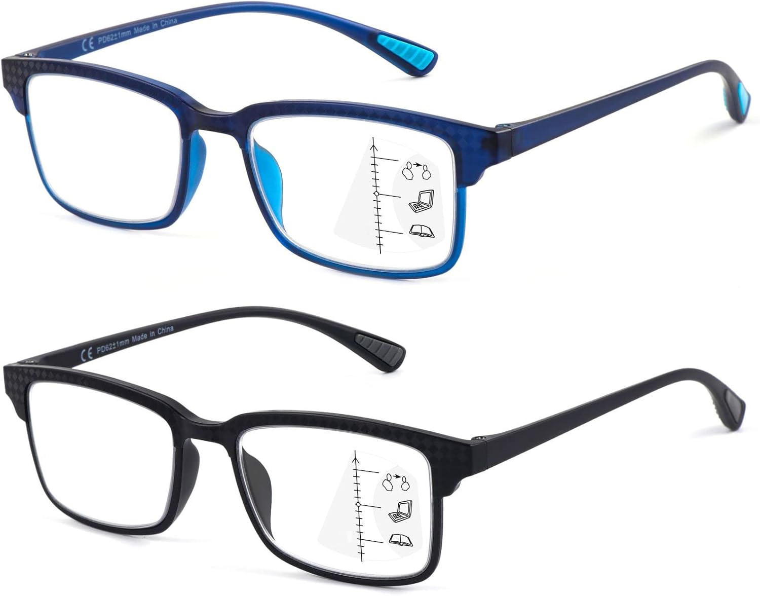 CARA – Paquete de 2 lentes de lectura progresivos multienfoque, marco TR90, flexible, ligero, con bloqueo de luz azul, para lectores de computadora,