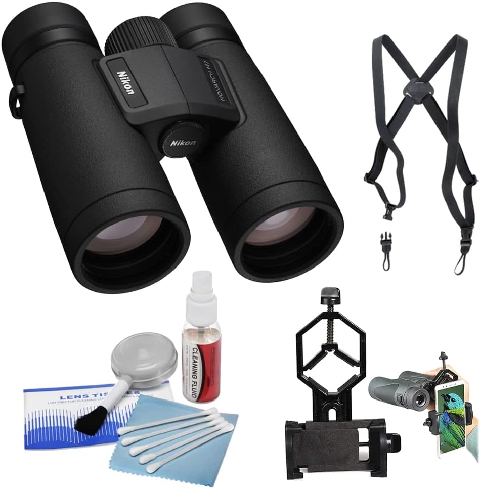 Nikon Paquete de prismáticos Monarch M7 de 8 x 42 con arnés binocular + adaptador de teléfono inteligente a binocular + kit de limpieza de lentes de