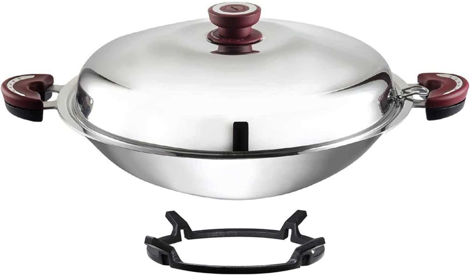 BUFFALO Sartén para wok de acero inoxidable con tapa, parte inferior redonda de 15 pulgadas (15.0 in), sartén antiadherente de tres capas, olla de