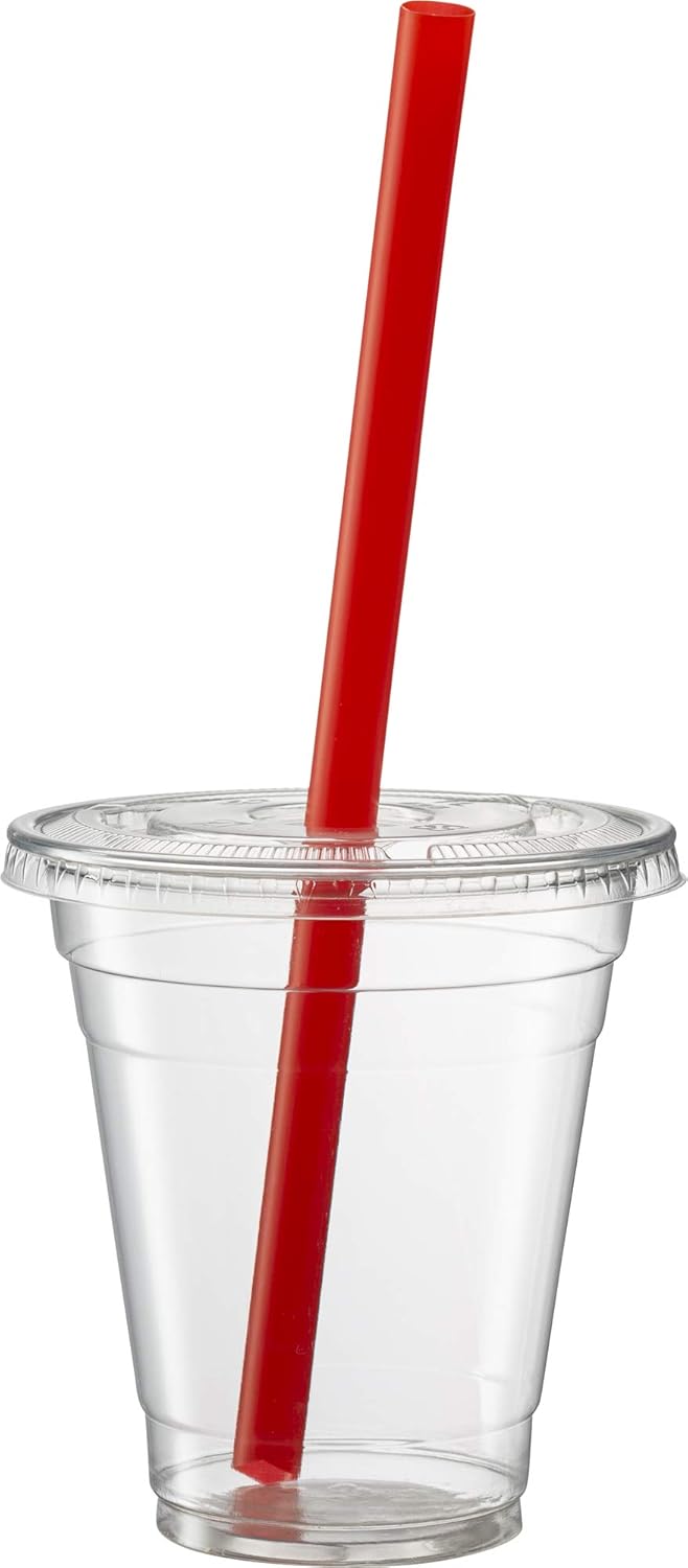 ELEGANT DISPOSABLES 50 juegos  12 onzas Vasos de plástico transparente para mascotas con tapas planas para café helado, bebidas frías, batidos,