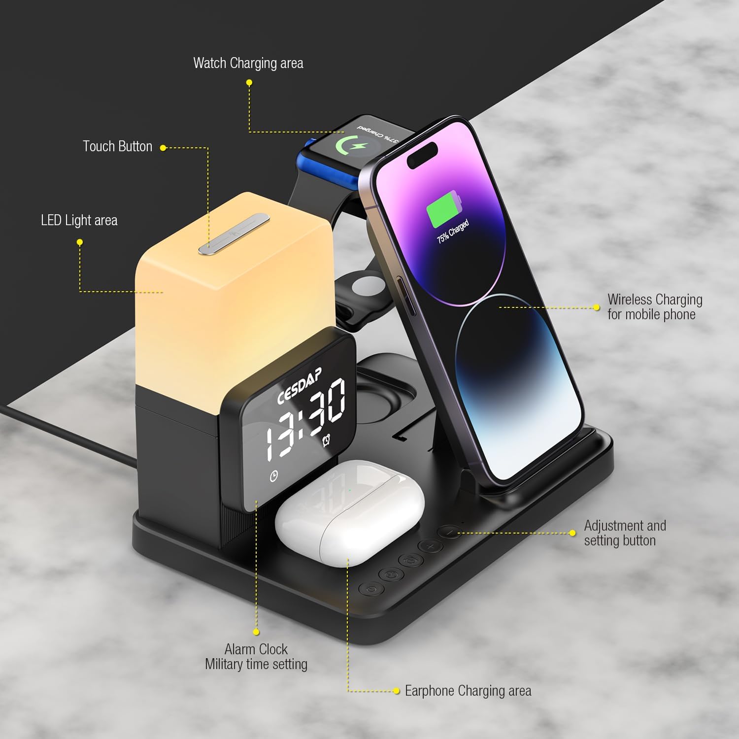 C3 Pro – Estación de carga plegable 6 en 1 para múltiples dispositivos con luz de reloj despertador, cargador de 18 W para iPhone 1514131211 para