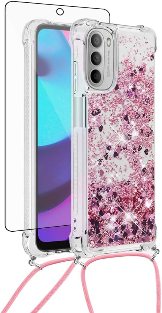 Asuwish Funda de teléfono para Motorola Moto G 5G 2022 con protector de pantalla y correa cruzada, con purpurina líquida, cubierta protectora