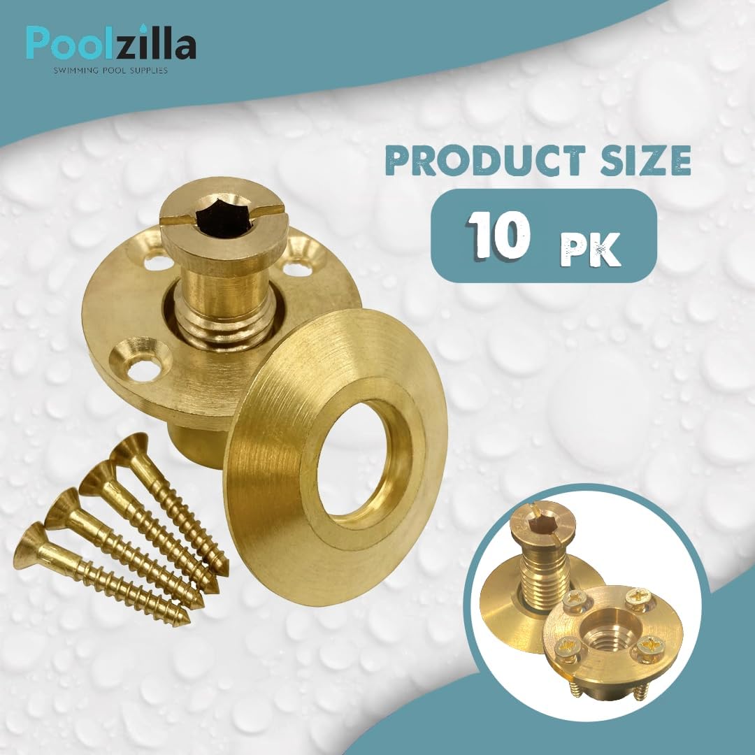 Poolzilla – Cubierta de seguridad para piscina, anclaje de latón con collar para cubiertas de madera, paquete de 10 unidades, ajuste universal