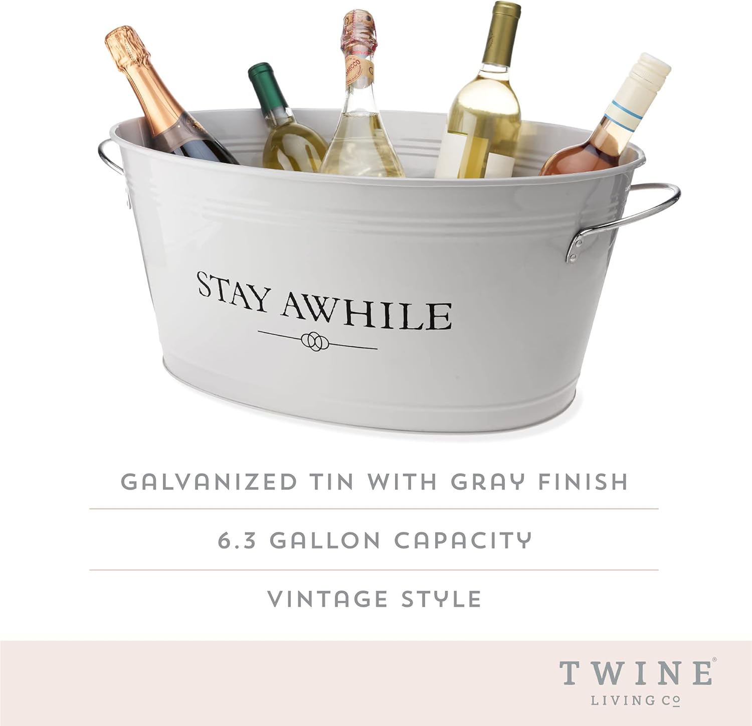 Twine Stay Awhile Cubo de hielo galvanizado pintado blanco y bañera de metal, bañera de hielo para bebidas para fiestas en capacidad de 6.3 galones