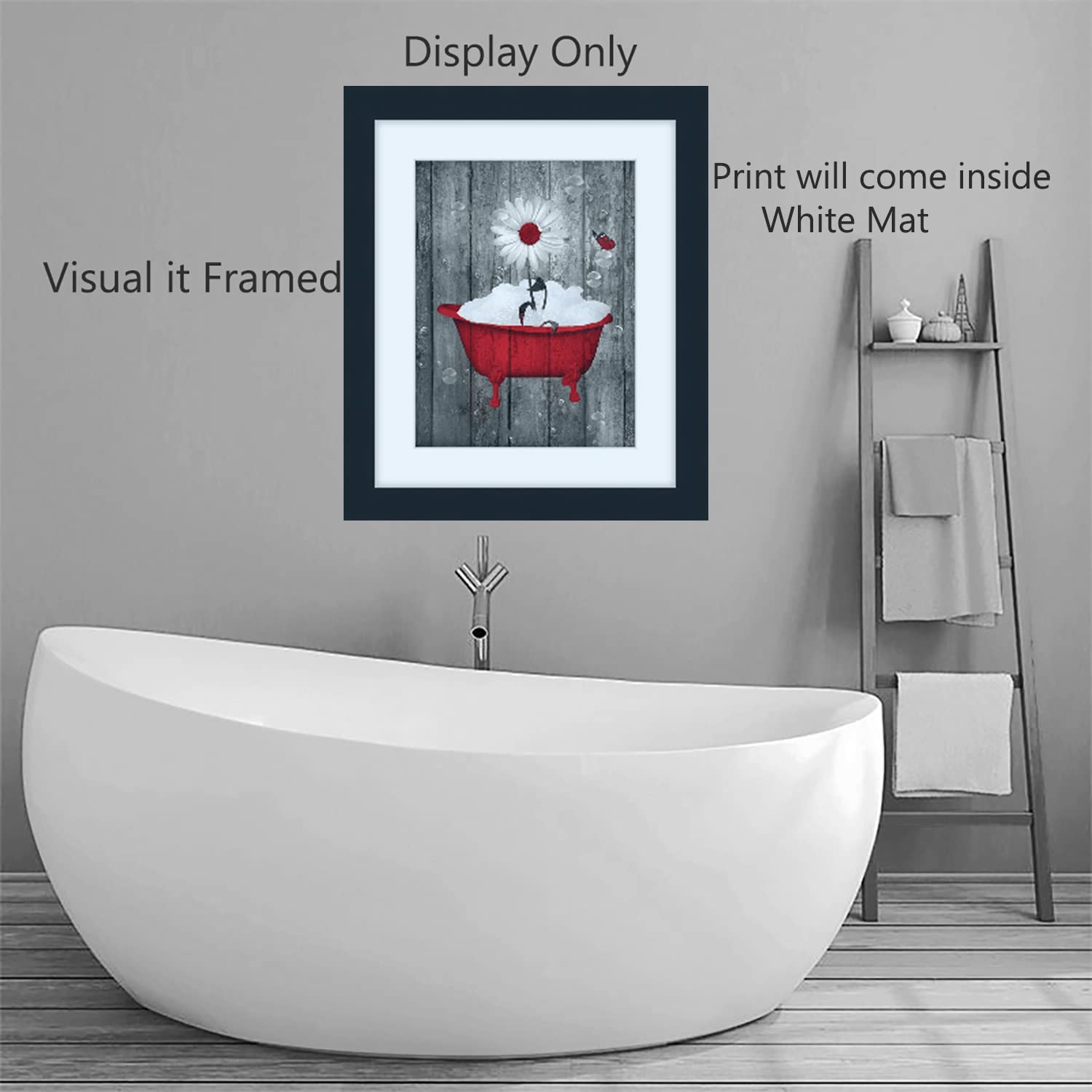 Bathroom Wall Decor, Red Rustic Daisy Flower Vintage Tub Modern Farmhouse Matted Wall Art Picture (8×10 photo with 11×14 mat, Red)