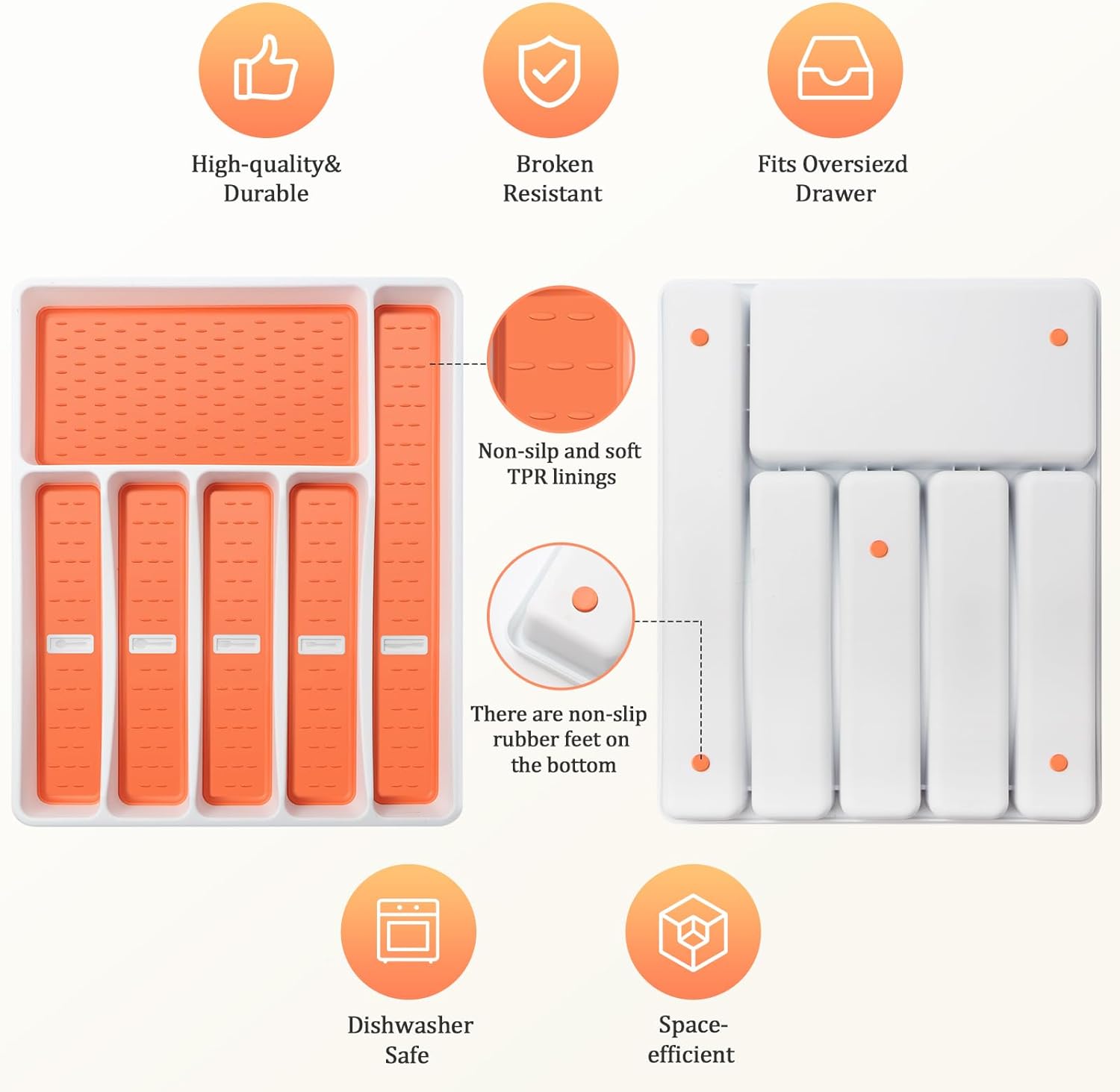 CherHome Organizador de cubiertos con iconos de cubiertos, bandeja de cubiertos para cajón de cocina, cubiertos de plástico, organizador de cajones